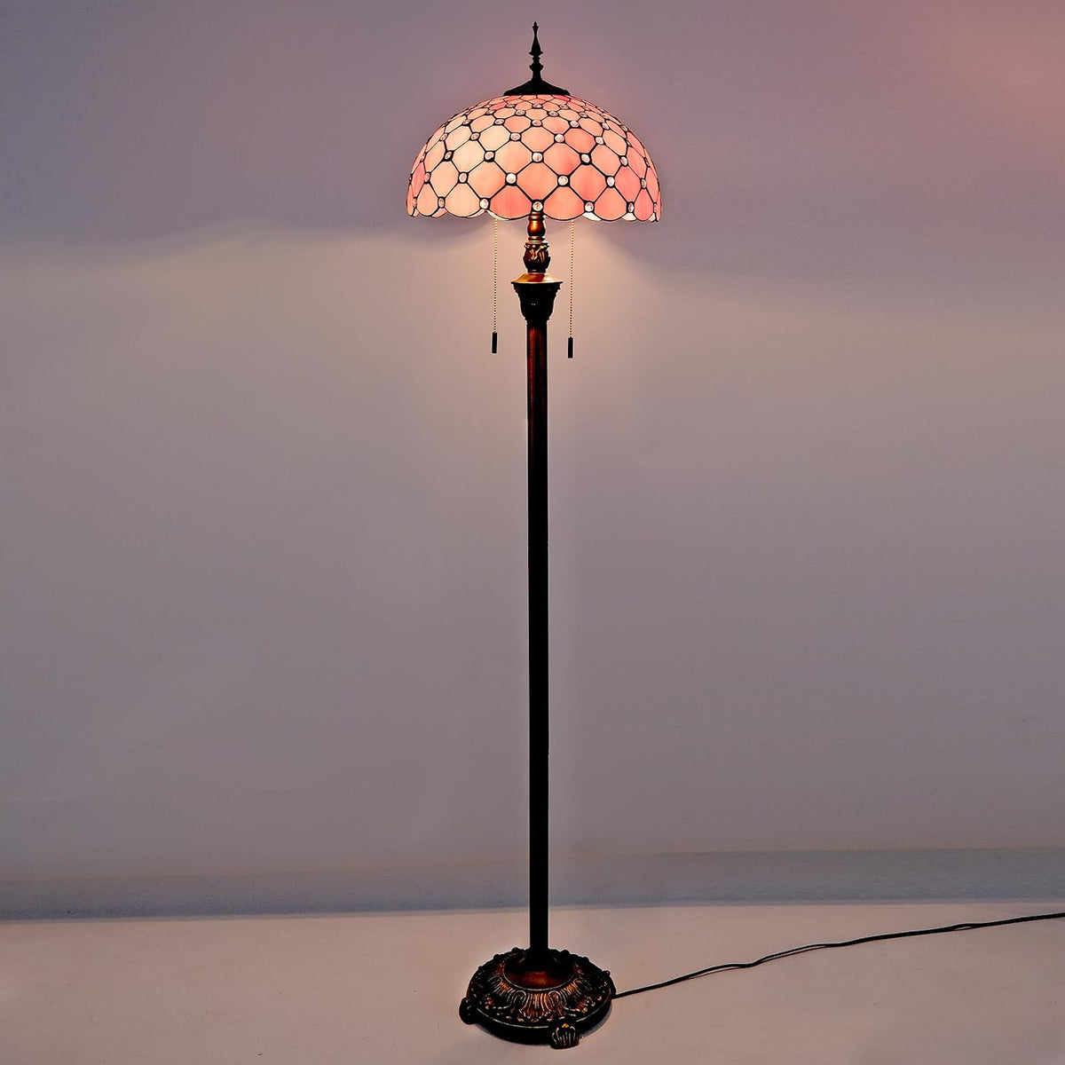 Tiffany Floor Lamp Stained Glass Pearls Beads Standing Reading Light 16x16x64 Inch Retro Inspired Pole Corner Lighting Art Decor for Bedroom Living Room Home Office (Pink)