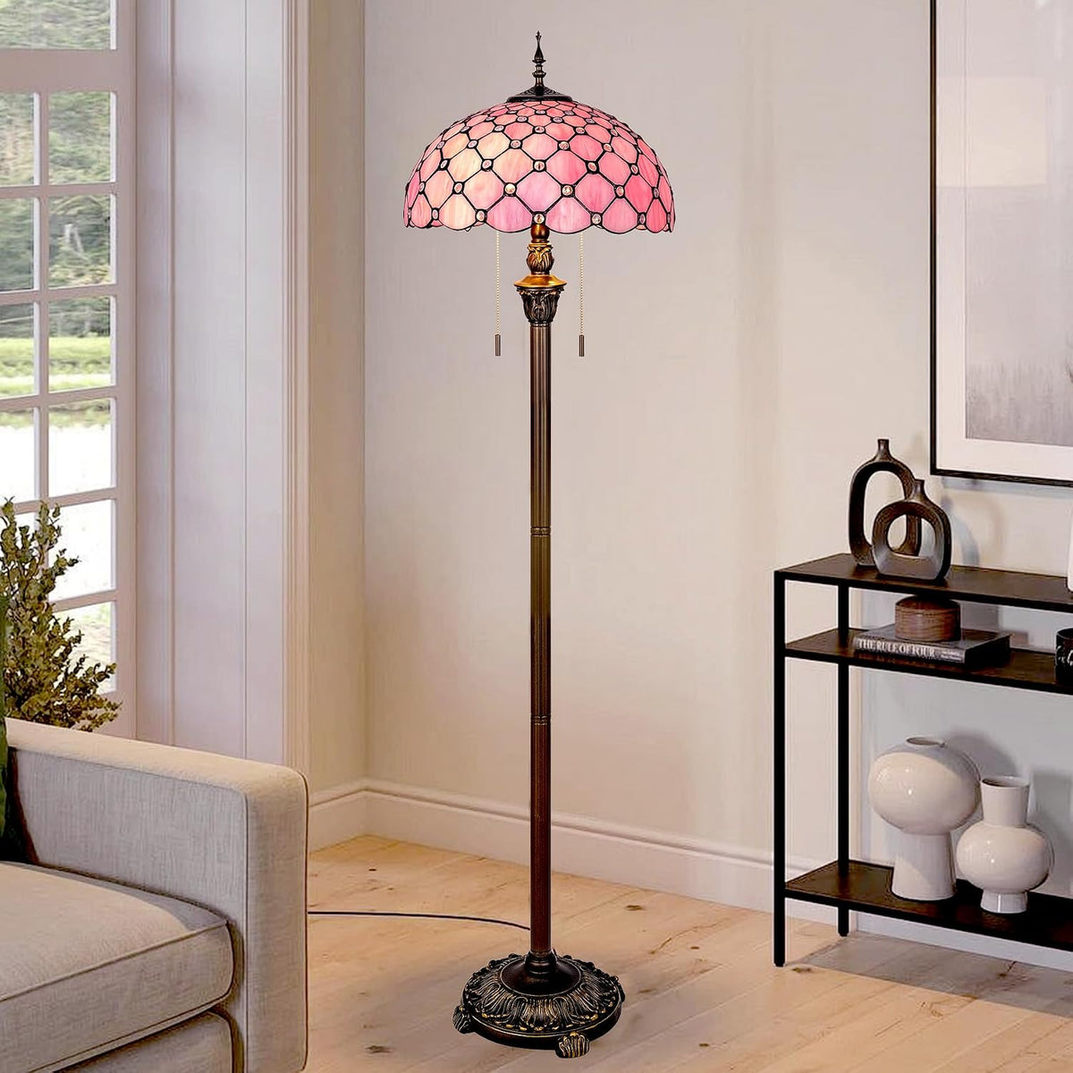 Tiffany Floor Lamp Stained Glass Pearls Beads Standing Reading Light 16x16x64 Inch Retro Inspired Pole Corner Lighting Art Decor for Bedroom Living Room Home Office (Pink)