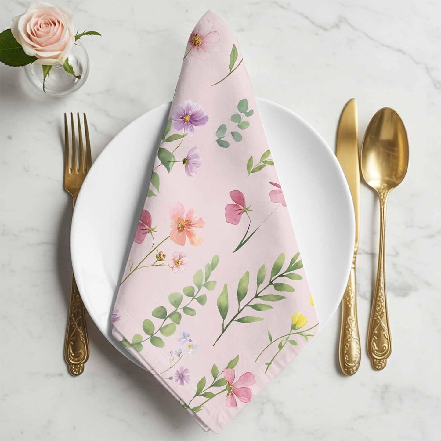 Pink Spring Floral Flowers Botanical Elegant Pastoral Washable Reusable Dinner Cocktail Napkin for Kitchen Party Wedding Banquet Holiday Baby Shower Table Decor