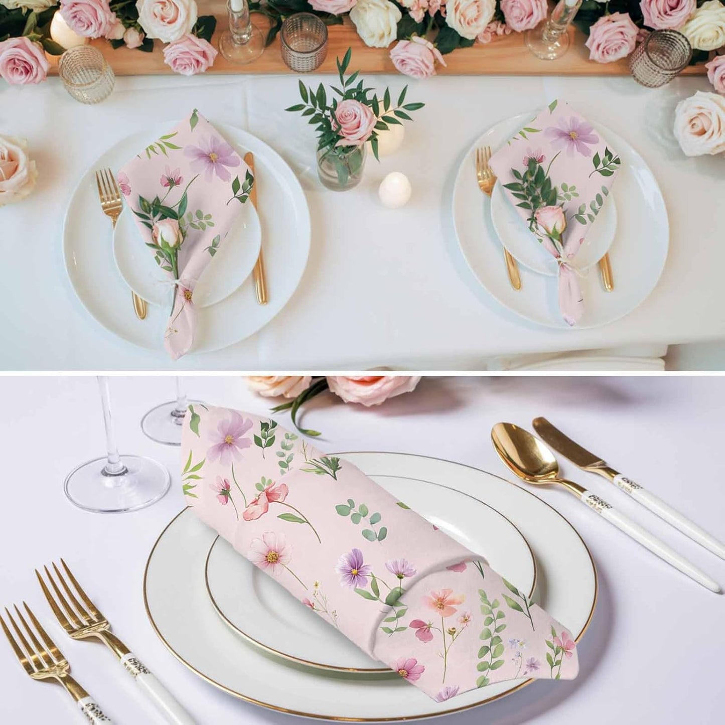 Pink Spring Floral Flowers Botanical Elegant Pastoral Washable Reusable Dinner Cocktail Napkin for Kitchen Party Wedding Banquet Holiday Baby Shower Table Decor