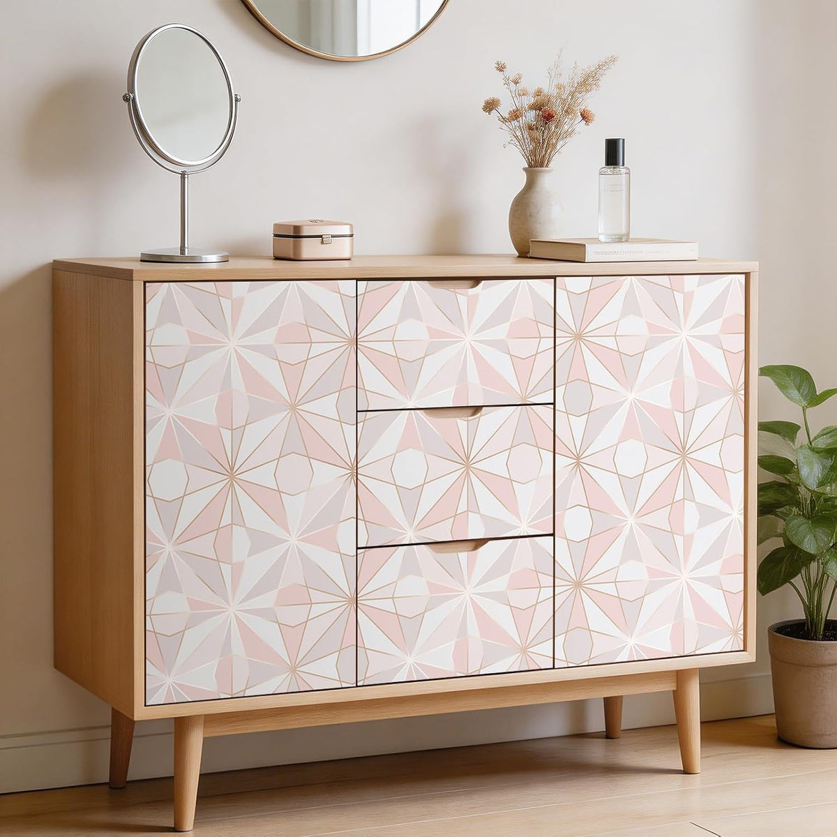 Pink Geometric Peel and Stick Wallpaper Removable Rose Gold Modern Wallpaper for Bathroom Powder Room Vanity Cabinets and Shelves Accent Wall Small Space Decor Renter Friendly 17.5 x 10ft