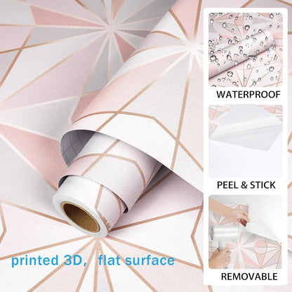 Pink Geometric Peel and Stick Wallpaper Removable Rose Gold Modern Wallpaper for Bathroom Powder Room Vanity Cabinets and Shelves Accent Wall Small Space Decor Renter Friendly 17.5 x 10ft