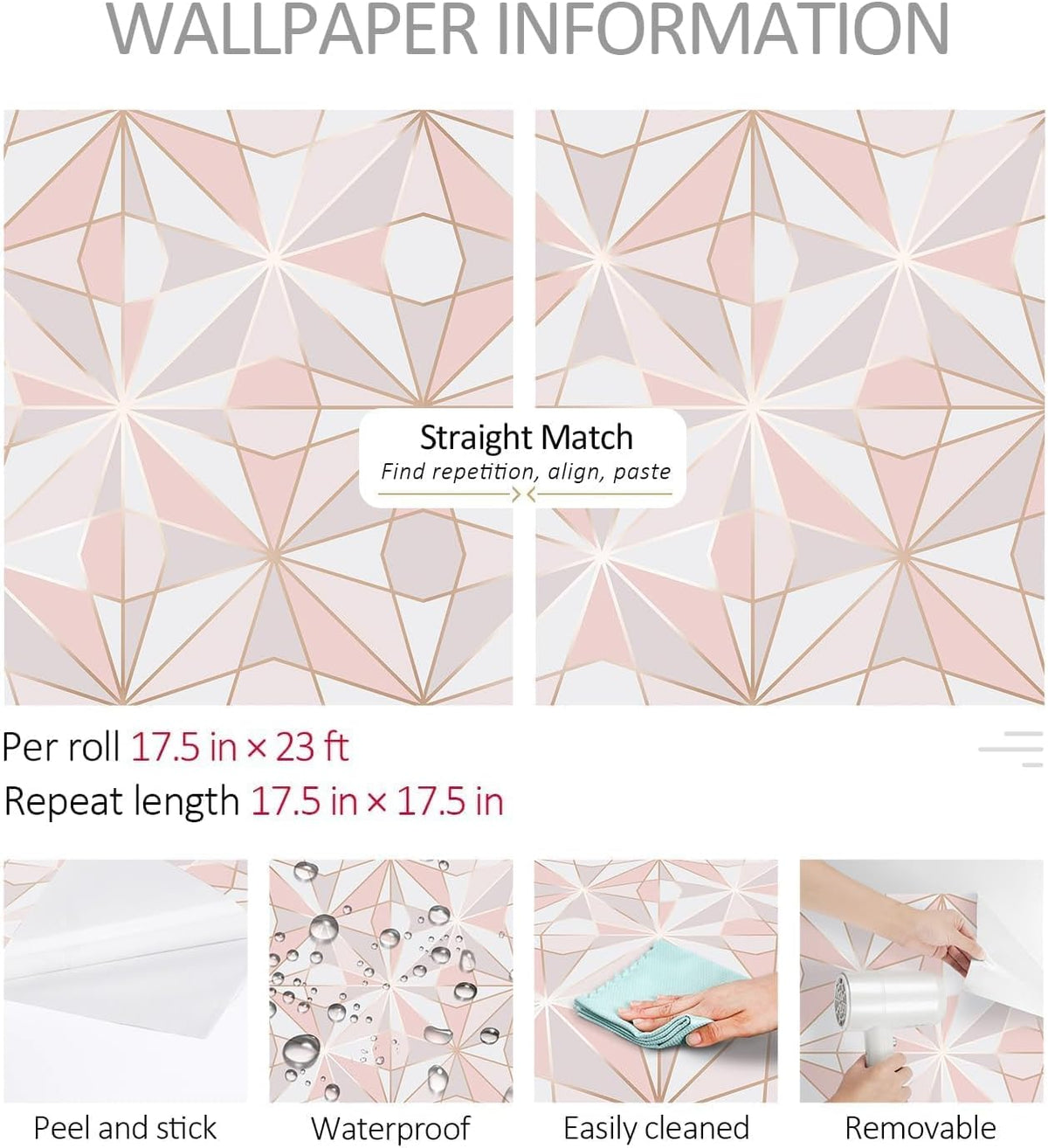 Pink Geometric Peel and Stick Wallpaper Removable Rose Gold Modern Wallpaper for Bathroom Powder Room Vanity Cabinets and Shelves Accent Wall Small Space Decor Renter Friendly 17.5 x 10ft