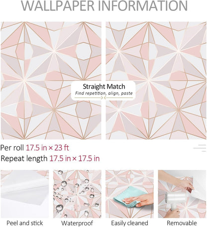 Pink Geometric Peel and Stick Wallpaper Removable Rose Gold Modern Wallpaper for Bathroom Powder Room Vanity Cabinets and Shelves Accent Wall Small Space Decor Renter Friendly 17.5 x 10ft