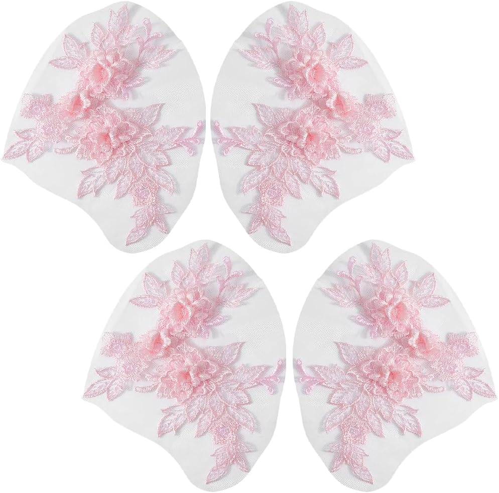 4Pcs Lace Flower Applique Pink Polyester 3D Floral Embroidery Appliques Vintage Soild Embroidered Sew on Tulle Pathes for Sewing Making Dresses Birthday Wedding Shirt Headpiece Skirts Supply