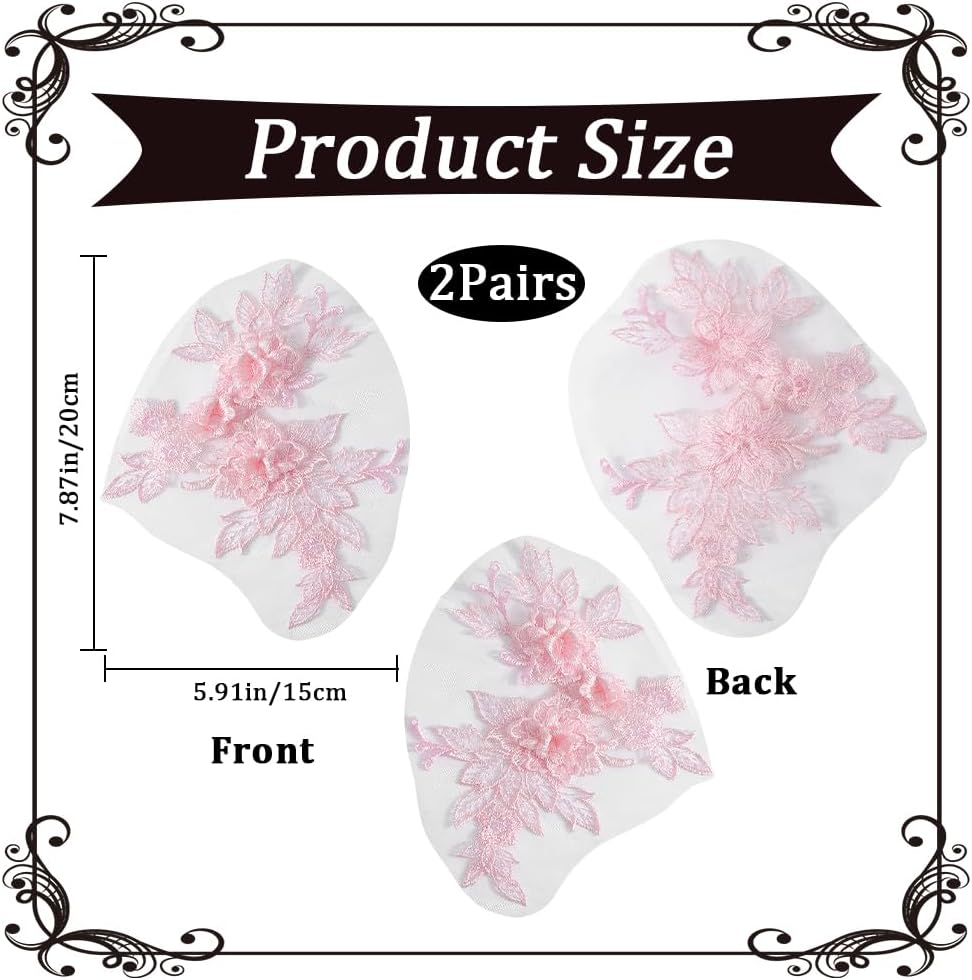 4Pcs Lace Flower Applique Pink Polyester 3D Floral Embroidery Appliques Vintage Soild Embroidered Sew on Tulle Pathes for Sewing Making Dresses Birthday Wedding Shirt Headpiece Skirts Supply
