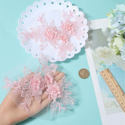 4Pcs Lace Flower Applique Pink Polyester 3D Floral Embroidery Appliques Vintage Soild Embroidered Sew on Tulle Pathes for Sewing Making Dresses Birthday Wedding Shirt Headpiece Skirts Supply