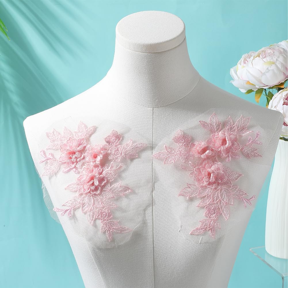 4Pcs Lace Flower Applique Pink Polyester 3D Floral Embroidery Appliques Vintage Soild Embroidered Sew on Tulle Pathes for Sewing Making Dresses Birthday Wedding Shirt Headpiece Skirts Supply