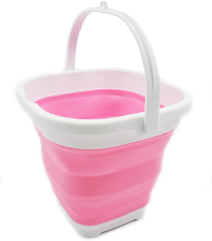 2.6L (0.68 Gallon) Super Mini Sqare Collapsible Plastic Bucket - Foldable Square Tub - Portable Fishing Water Pail - Space Saving Outdoor Waterpot (1, White/Pink)
