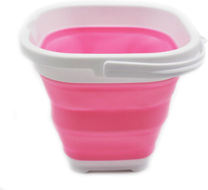 2.6L (0.68 Gallon) Super Mini Sqare Collapsible Plastic Bucket - Foldable Square Tub - Portable Fishing Water Pail - Space Saving Outdoor Waterpot (1, White/Pink)