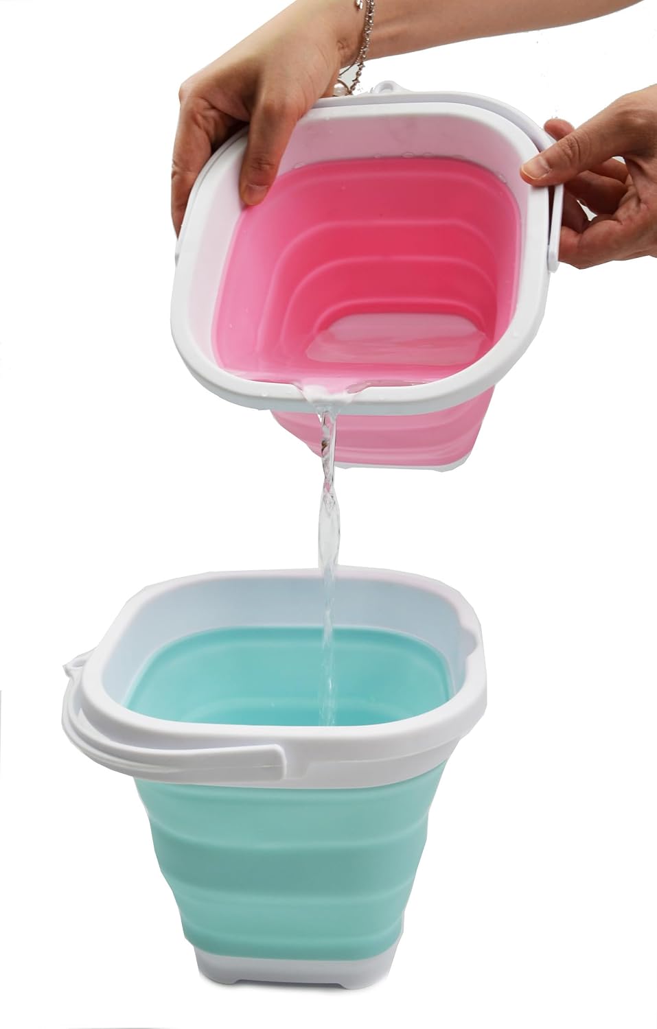 2.6L (0.68 Gallon) Super Mini Sqare Collapsible Plastic Bucket - Foldable Square Tub - Portable Fishing Water Pail - Space Saving Outdoor Waterpot (1, White/Pink)