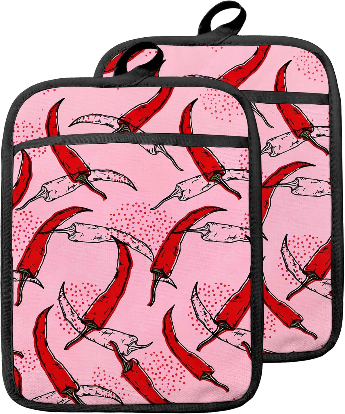 Pink Pepper Kitchen Pot Holders with Pockets, Trendy Red Chili Pepper Oven Pot Holders Heat Resistant Oven Mitts Hot Pads for Kitchen Baking Cooking