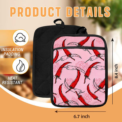 Pink Pepper Kitchen Pot Holders with Pockets, Trendy Red Chili Pepper Oven Pot Holders Heat Resistant Oven Mitts Hot Pads for Kitchen Baking Cooking
