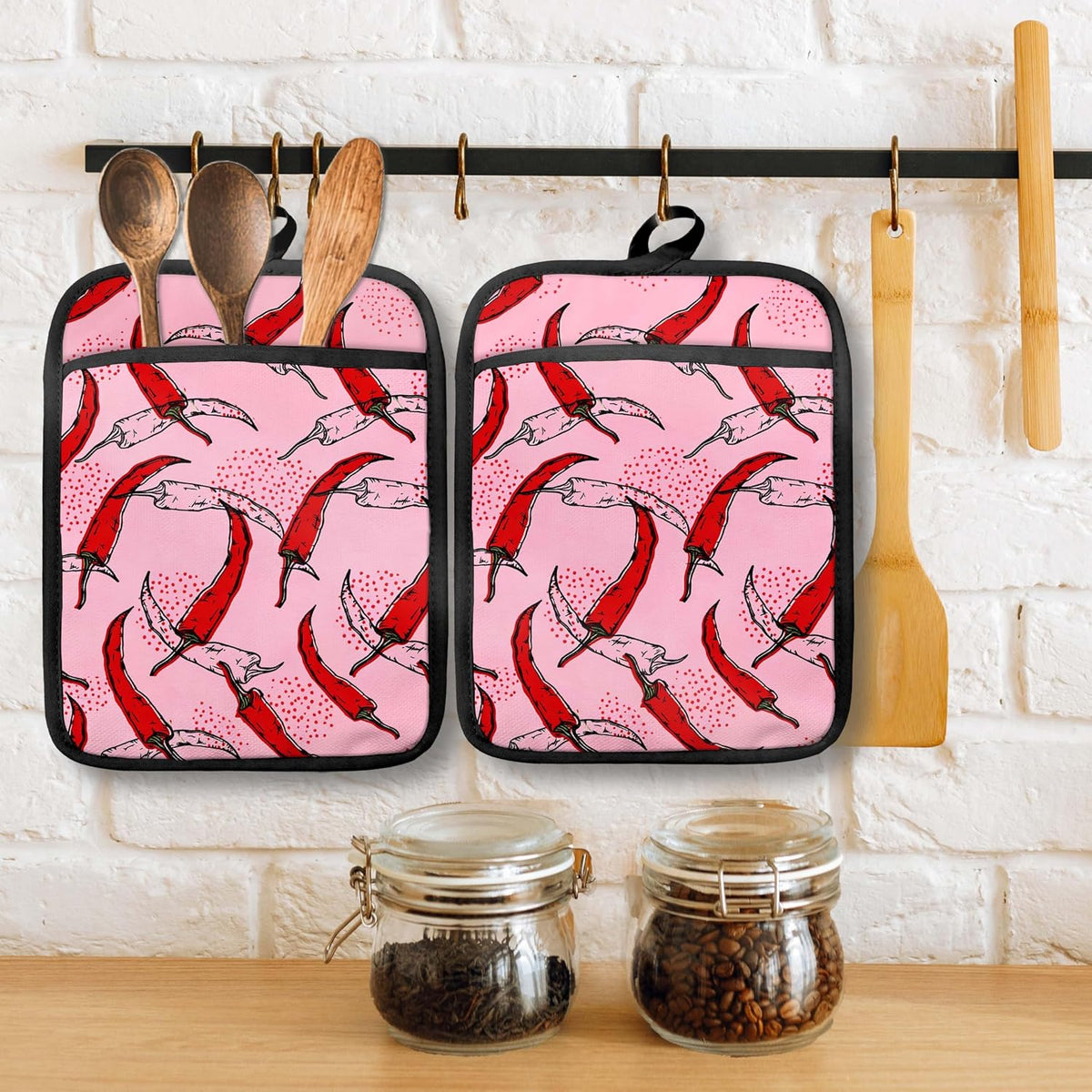 Pink Pepper Kitchen Pot Holders with Pockets, Trendy Red Chili Pepper Oven Pot Holders Heat Resistant Oven Mitts Hot Pads for Kitchen Baking Cooking