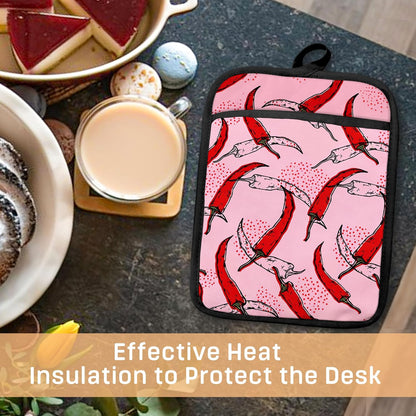 Pink Pepper Kitchen Pot Holders with Pockets, Trendy Red Chili Pepper Oven Pot Holders Heat Resistant Oven Mitts Hot Pads for Kitchen Baking Cooking