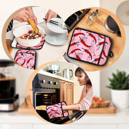 Pink Pepper Kitchen Pot Holders with Pockets, Trendy Red Chili Pepper Oven Pot Holders Heat Resistant Oven Mitts Hot Pads for Kitchen Baking Cooking