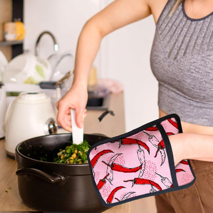 Pink Pepper Kitchen Pot Holders with Pockets, Trendy Red Chili Pepper Oven Pot Holders Heat Resistant Oven Mitts Hot Pads for Kitchen Baking Cooking