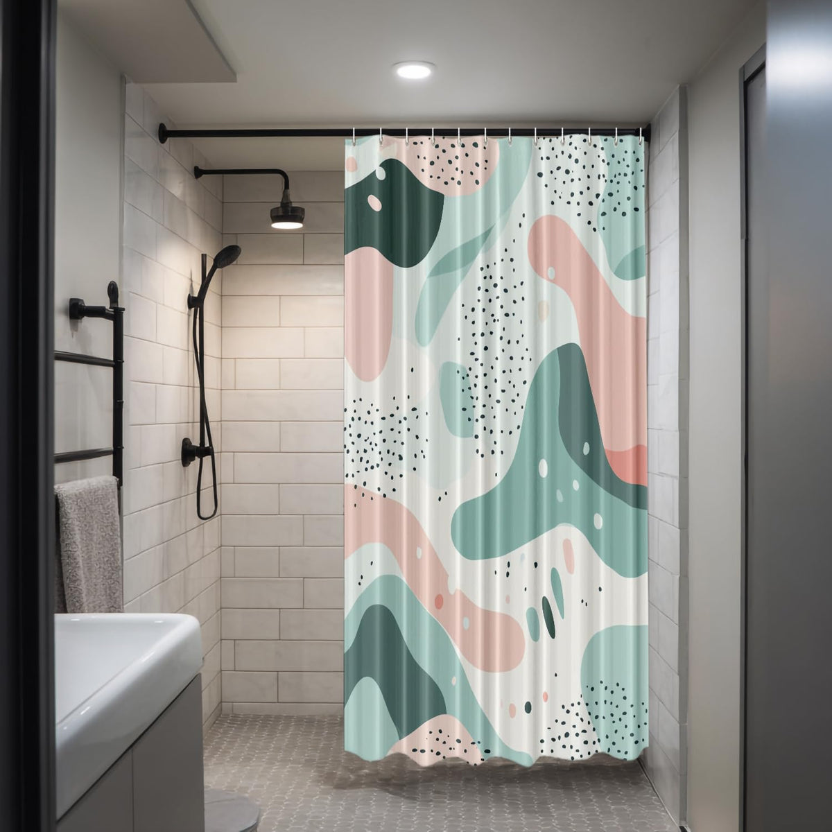 Modern Abstract Art Shower Curtain, Calm Aesthetic Geometric Shapes Décor Stall Curtain Polyester Waterproof Washable 72X72 Inch for Bathroom