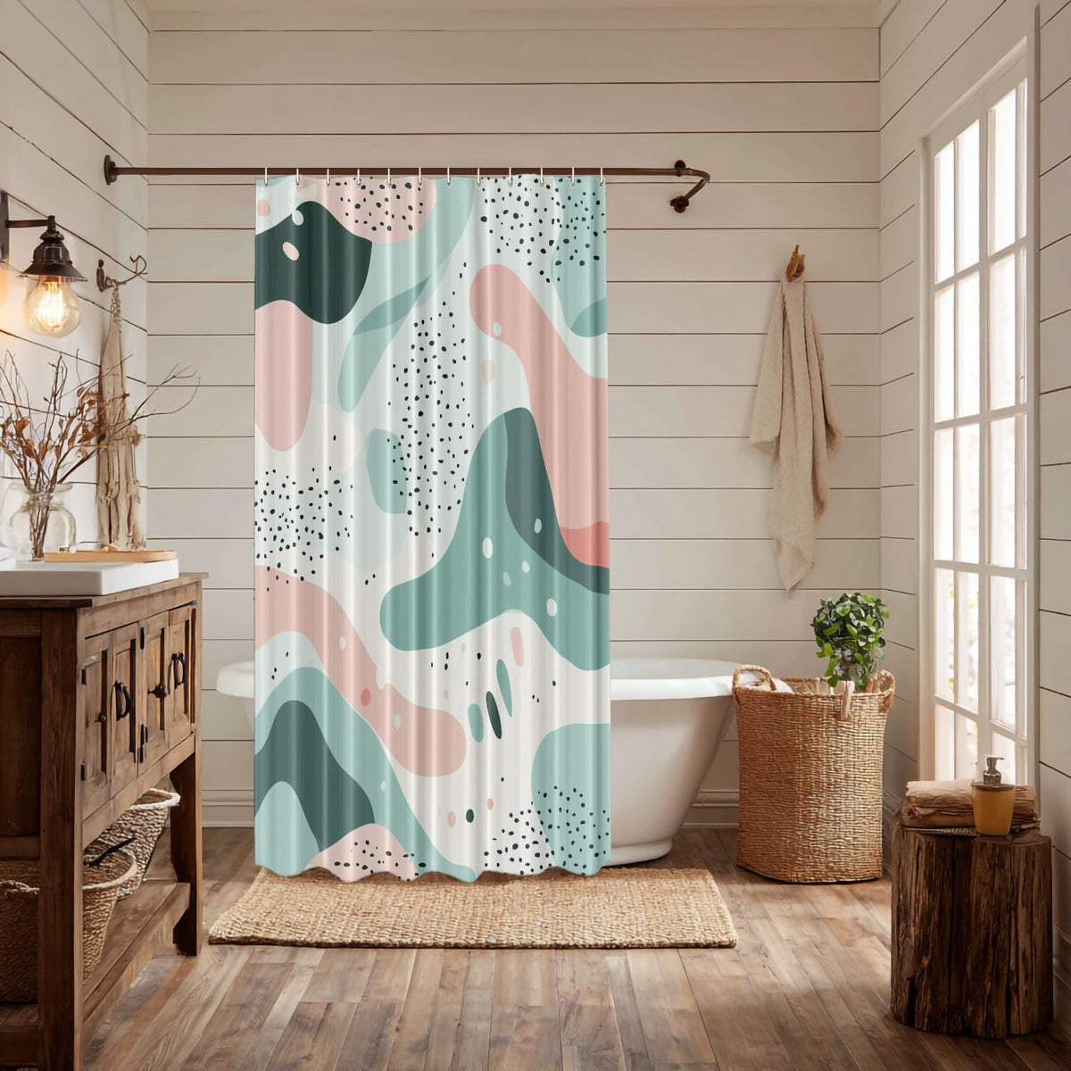 Modern Abstract Art Shower Curtain, Calm Aesthetic Geometric Shapes Décor Stall Curtain Polyester Waterproof Washable 72X72 Inch for Bathroom