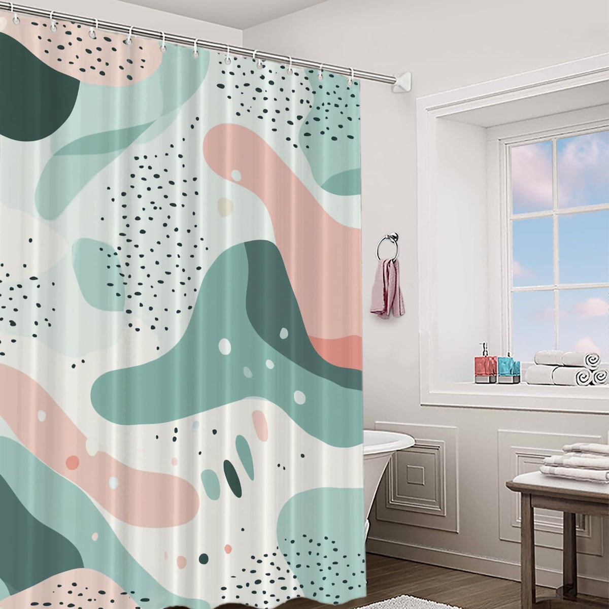 Modern Abstract Art Shower Curtain, Calm Aesthetic Geometric Shapes Décor Stall Curtain Polyester Waterproof Washable 72X72 Inch for Bathroom