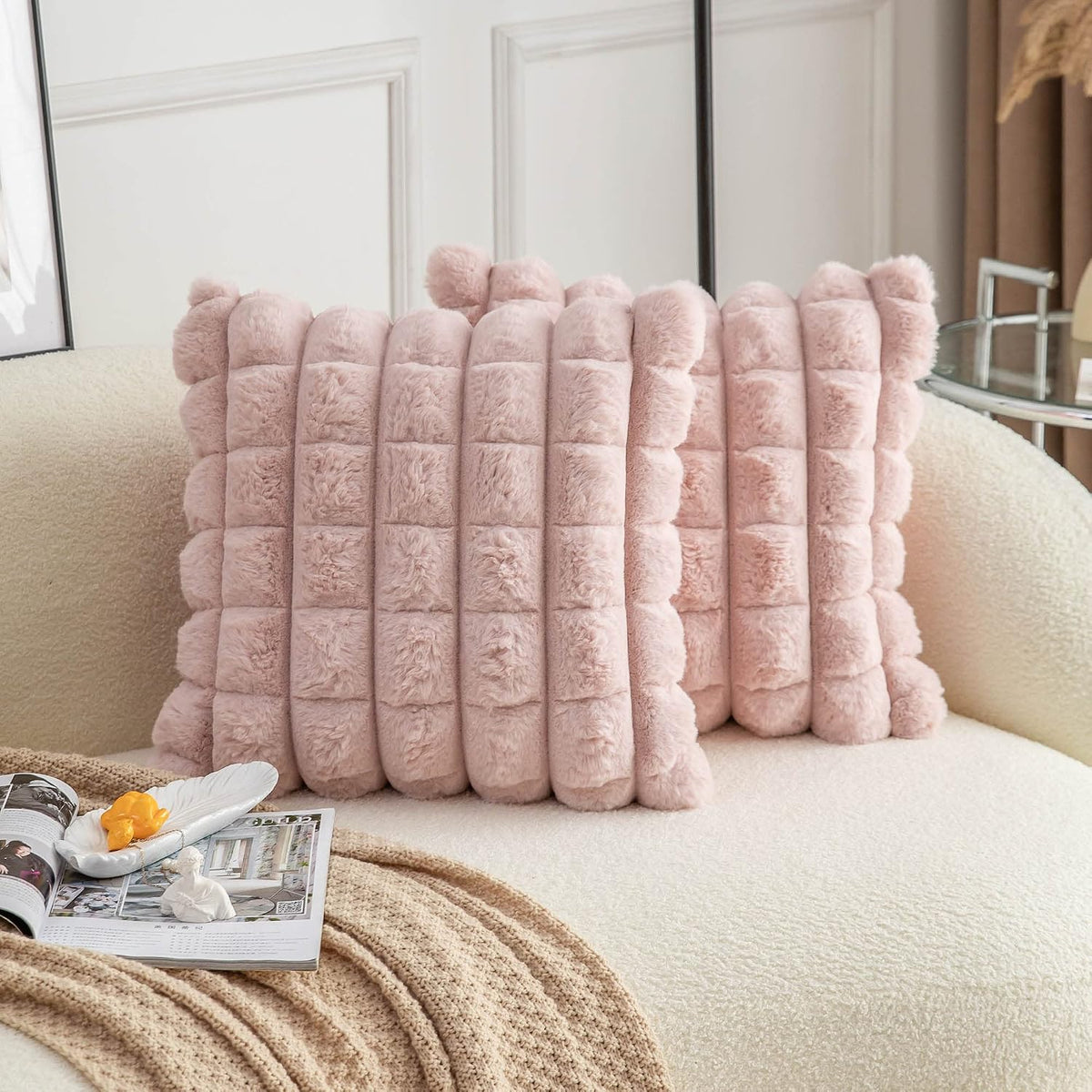 Pink Faux Fur Cozy Soft Plaid Decorative Throw Pillow Covers 16x16 inch Set of 2,Velvet Pillowcase Cushion Case for Sofa Couch