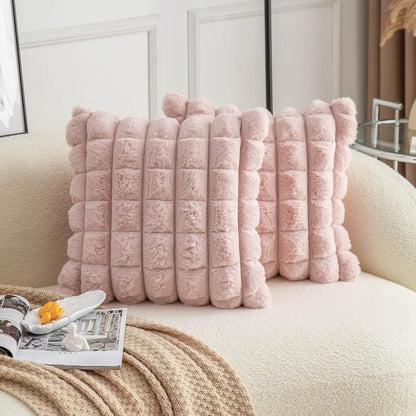 Pink Faux Fur Cozy Soft Plaid Decorative Throw Pillow Covers 16x16 inch Set of 2,Velvet Pillowcase Cushion Case for Sofa Couch