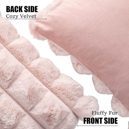 Pink Faux Fur Cozy Soft Plaid Decorative Throw Pillow Covers 16x16 inch Set of 2,Velvet Pillowcase Cushion Case for Sofa Couch