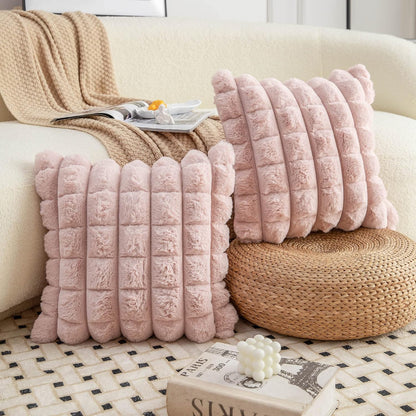 Pink Faux Fur Cozy Soft Plaid Decorative Throw Pillow Covers 16x16 inch Set of 2,Velvet Pillowcase Cushion Case for Sofa Couch