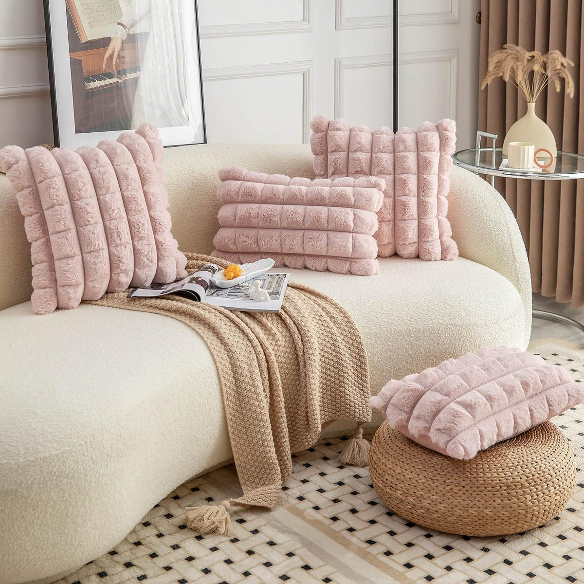 Pink Faux Fur Cozy Soft Plaid Decorative Throw Pillow Covers 16x16 inch Set of 2,Velvet Pillowcase Cushion Case for Sofa Couch