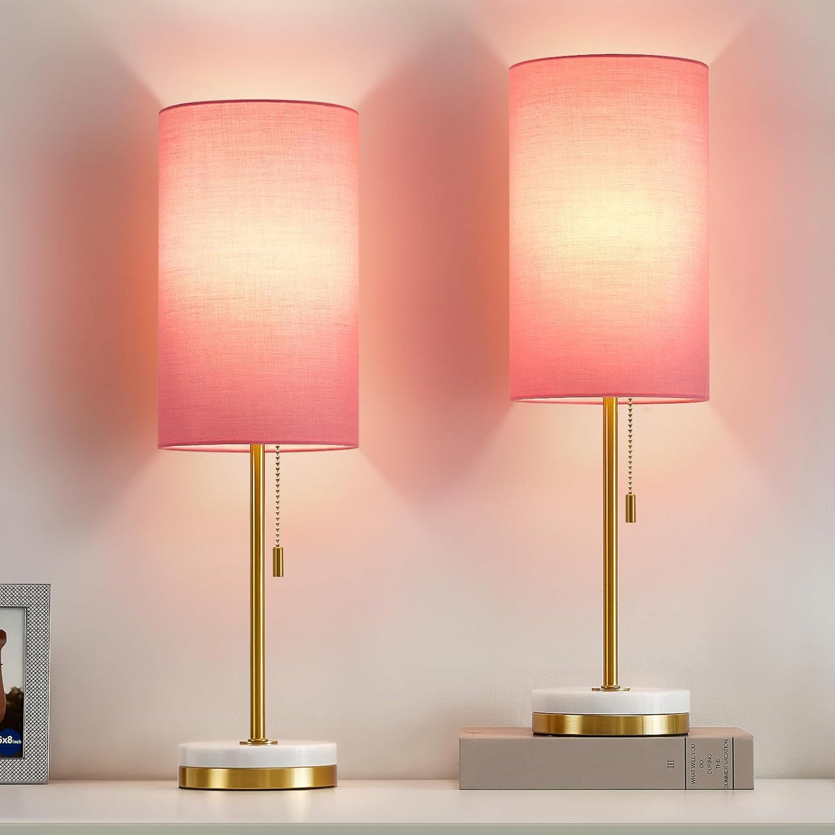 Minimalist Table Lamp Set of 2, Nightstand Lamp for Bedroom Living Room, Modern Pull Chain Bedside Lamp with Marble Base, Fabric Shade, Small Desk Lamp for Home, Office, Reading,Pink