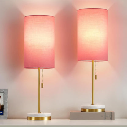 Minimalist Table Lamp Set of 2, Nightstand Lamp for Bedroom Living Room, Modern Pull Chain Bedside Lamp with Marble Base, Fabric Shade, Small Desk Lamp for Home, Office, Reading,Pink