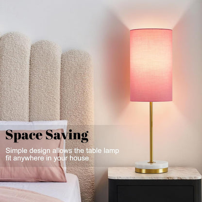 Minimalist Table Lamp Set of 2, Nightstand Lamp for Bedroom Living Room, Modern Pull Chain Bedside Lamp with Marble Base, Fabric Shade, Small Desk Lamp for Home, Office, Reading,Pink