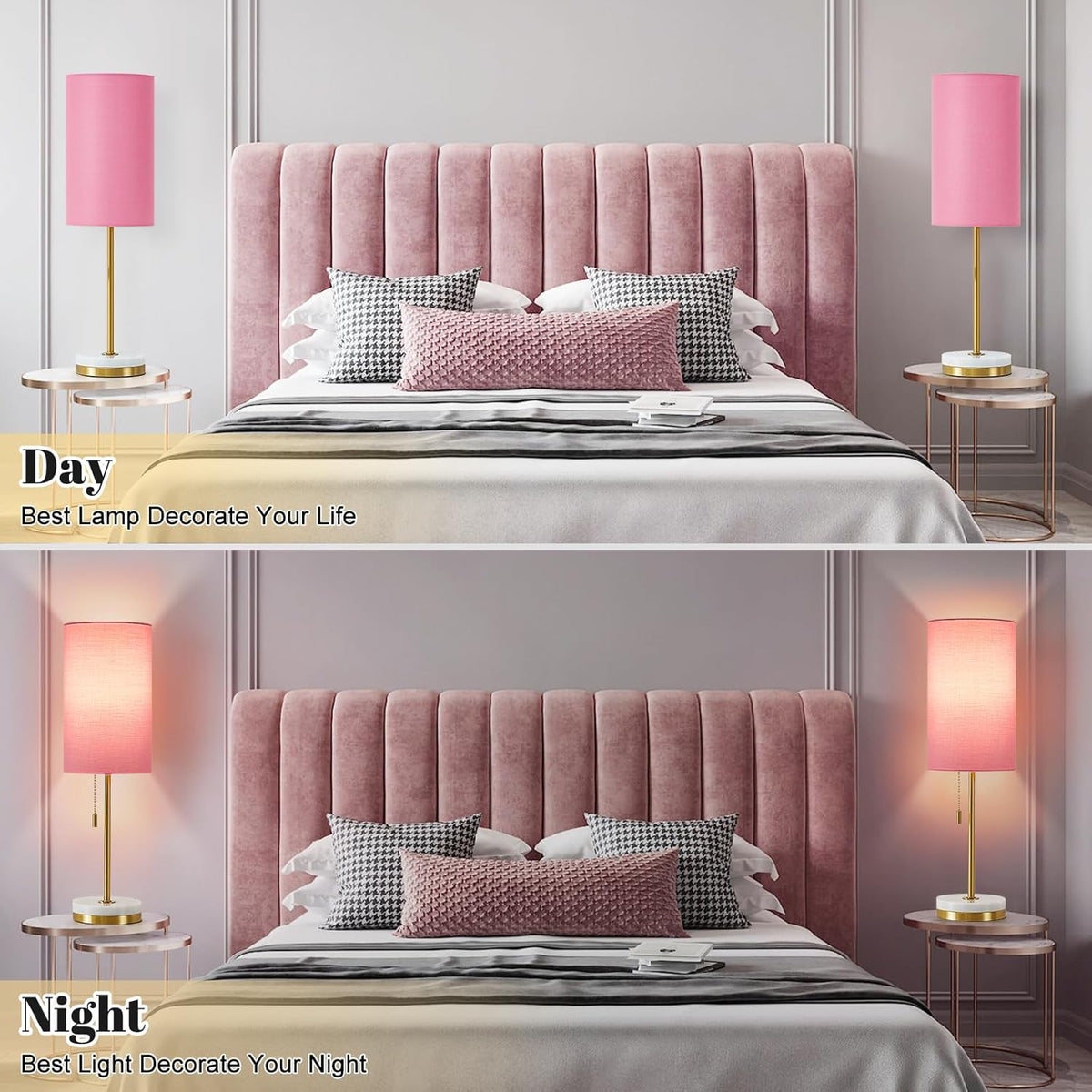 Minimalist Table Lamp Set of 2, Nightstand Lamp for Bedroom Living Room, Modern Pull Chain Bedside Lamp with Marble Base, Fabric Shade, Small Desk Lamp for Home, Office, Reading,Pink