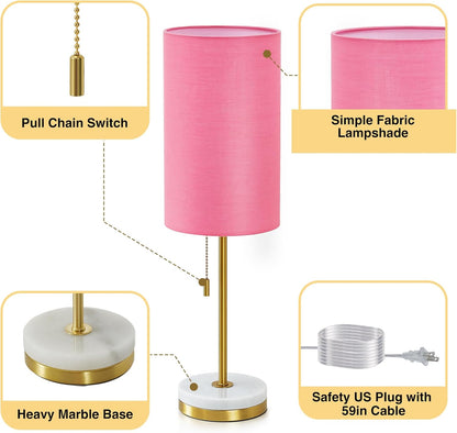Minimalist Table Lamp Set of 2, Nightstand Lamp for Bedroom Living Room, Modern Pull Chain Bedside Lamp with Marble Base, Fabric Shade, Small Desk Lamp for Home, Office, Reading,Pink