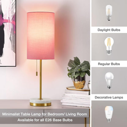Minimalist Table Lamp Set of 2, Nightstand Lamp for Bedroom Living Room, Modern Pull Chain Bedside Lamp with Marble Base, Fabric Shade, Small Desk Lamp for Home, Office, Reading,Pink