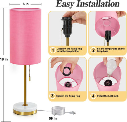 Minimalist Table Lamp Set of 2, Nightstand Lamp for Bedroom Living Room, Modern Pull Chain Bedside Lamp with Marble Base, Fabric Shade, Small Desk Lamp for Home, Office, Reading,Pink