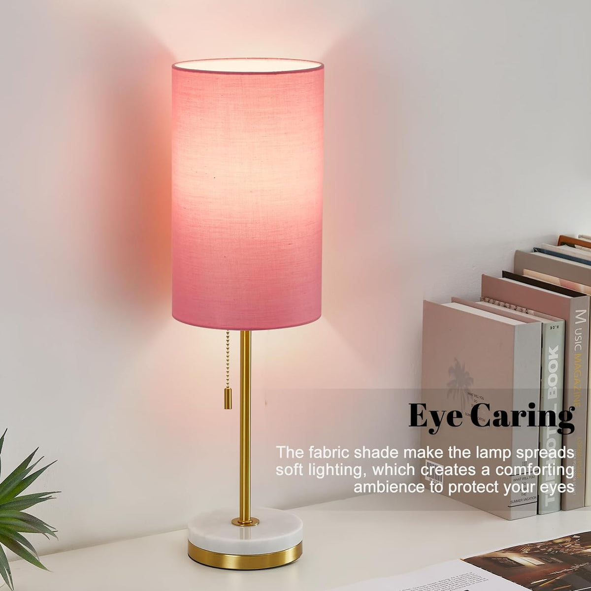 Minimalist Table Lamp Set of 2, Nightstand Lamp for Bedroom Living Room, Modern Pull Chain Bedside Lamp with Marble Base, Fabric Shade, Small Desk Lamp for Home, Office, Reading,Pink
