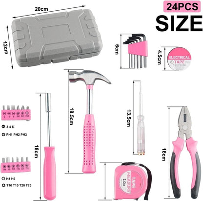 24pcs Home DIY Tool Kit for Household, Office & Garage - Repair Small Hand Tool Set with Storage Case(Pink)