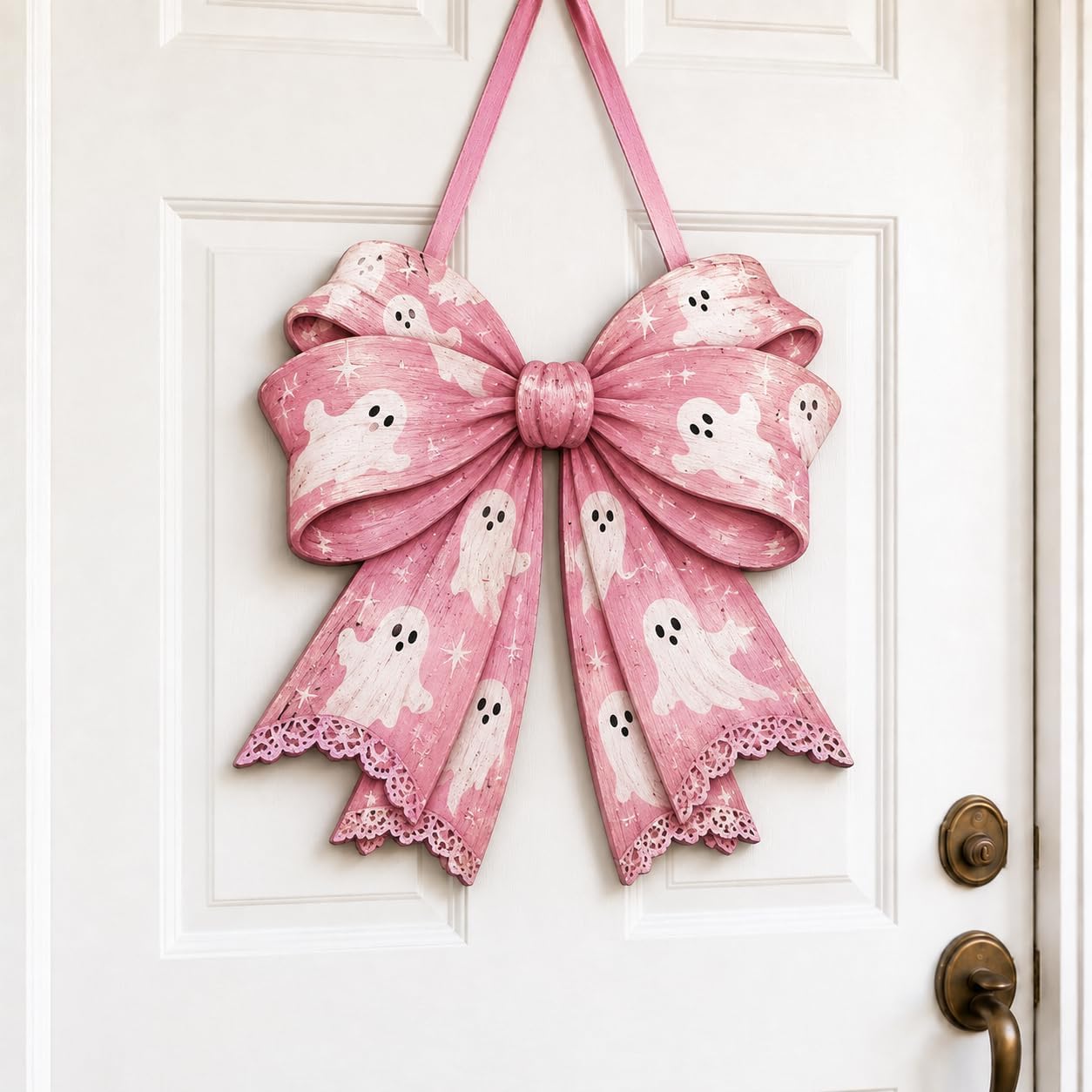 Pink Halloween Door Decor, Wooden Ghost Bow Hanging Sign, Coquette Wreath