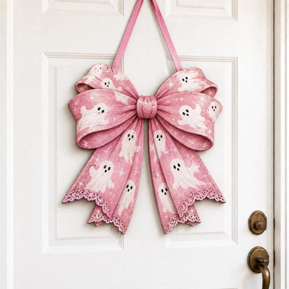 Pink Halloween Door Decor, Wooden Ghost Bow Hanging Sign, Coquette Wreath