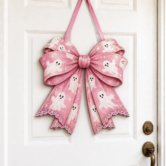 Pink Halloween Door Decor, Wooden Ghost Bow Hanging Sign, Coquette Wreath