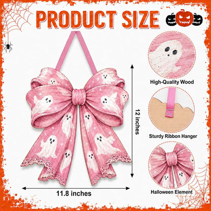 Pink Halloween Door Decor, Wooden Ghost Bow Hanging Sign, Coquette Wreath