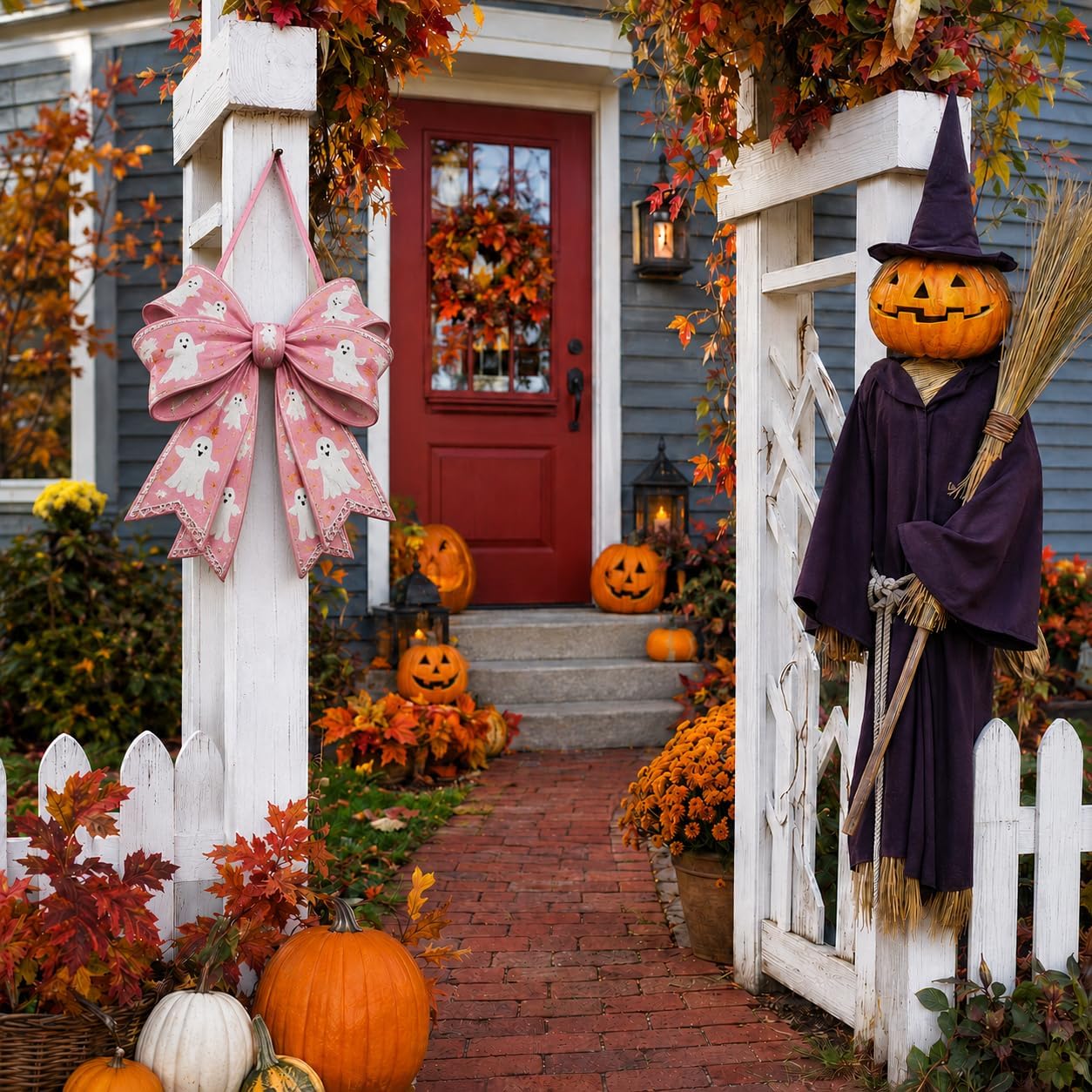 Pink Halloween Door Decor, Wooden Ghost Bow Hanging Sign, Coquette Wreath