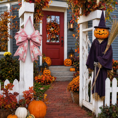 Pink Halloween Door Decor, Wooden Ghost Bow Hanging Sign, Coquette Wreath