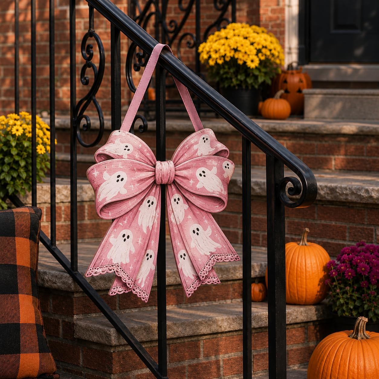 Pink Halloween Door Decor, Wooden Ghost Bow Hanging Sign, Coquette Wreath
