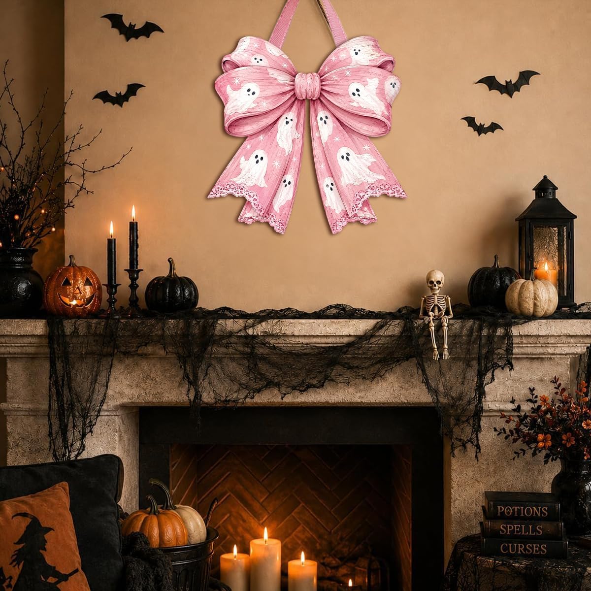 Pink Halloween Door Decor, Wooden Ghost Bow Hanging Sign, Coquette Wreath
