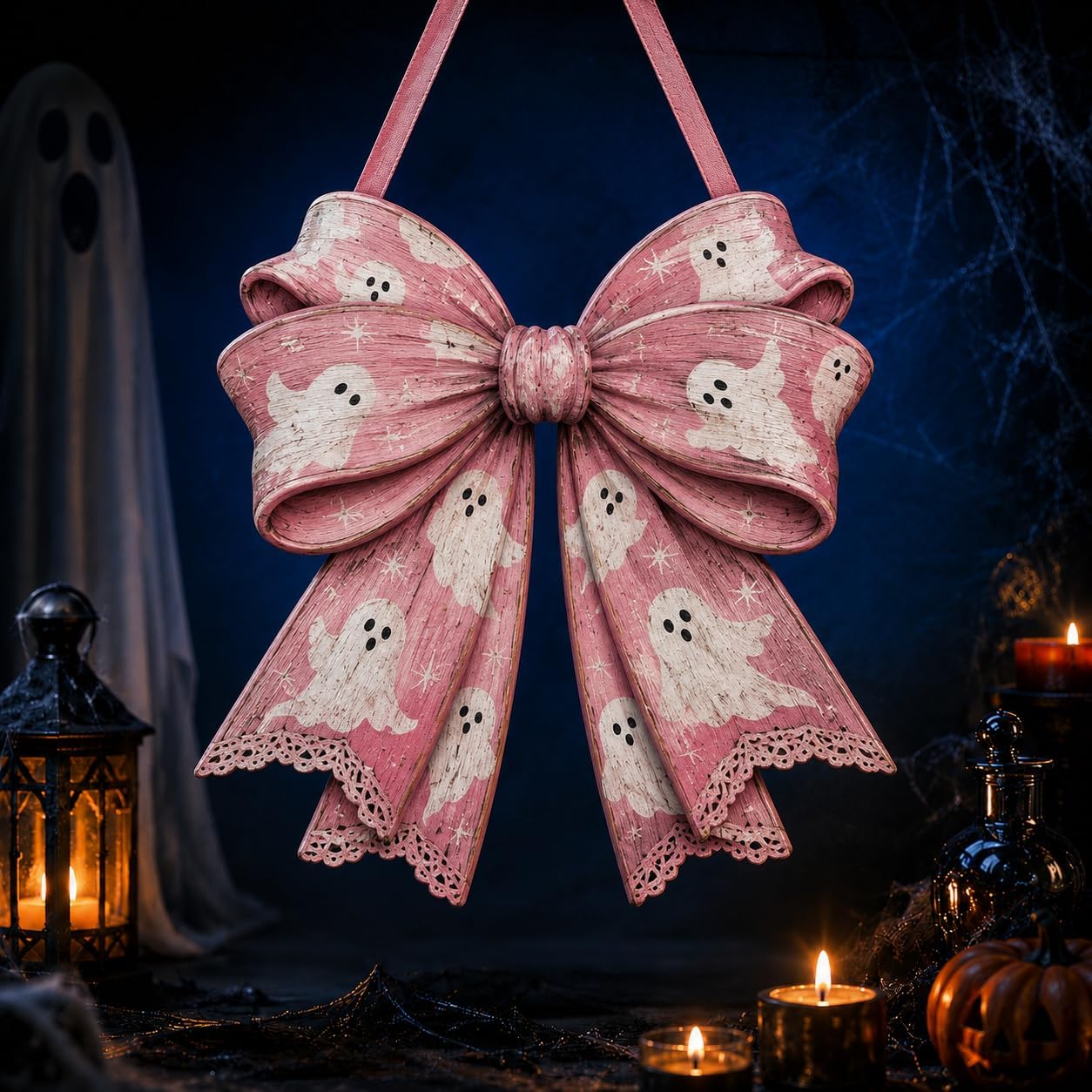 Pink Halloween Door Decor, Wooden Ghost Bow Hanging Sign, Coquette Wreath