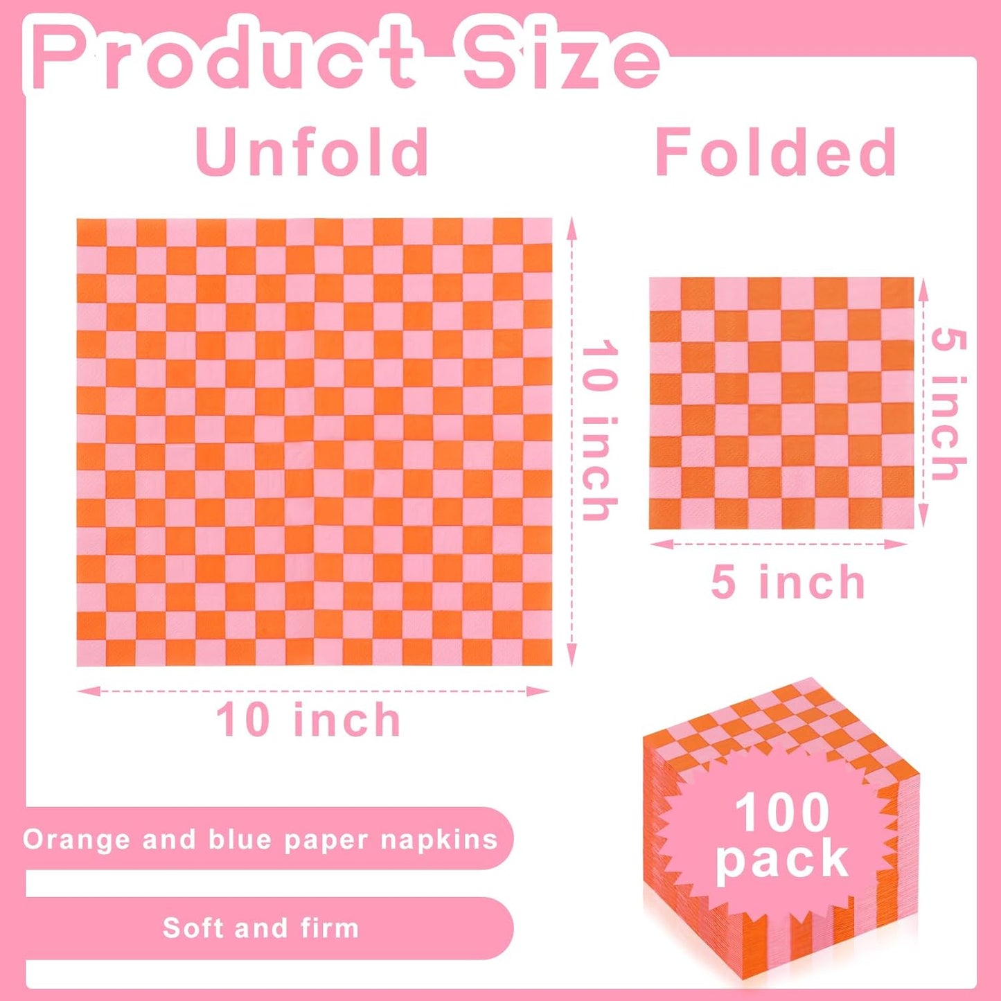 100 Pcs Plaid Paper Napkins Pink And Orange Napkins 5 * 5 Inch Light Pink Paper Checkered Napkin Disposable Beverage Napkin Pink Orange Party Favor For Birthday Wedding Baby Shower Cocktail Party