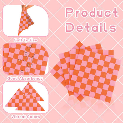 100 Pcs Plaid Paper Napkins Pink And Orange Napkins 5 * 5 Inch Light Pink Paper Checkered Napkin Disposable Beverage Napkin Pink Orange Party Favor For Birthday Wedding Baby Shower Cocktail Party