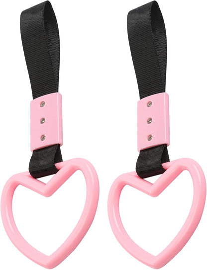 2PCS Heart Shaped Car Handle Straps, Rear Bumper Warning Keychain Ring with Drift Charm for Car Exterior Interior Accessories (Pink)